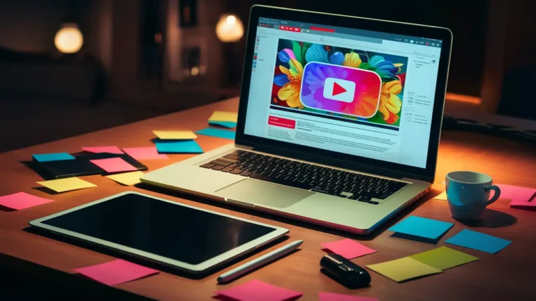 Computador com tela exibindo miniatura colorida do YouTube, tablet ao lado e notas adesivas coloridas espalhadas.