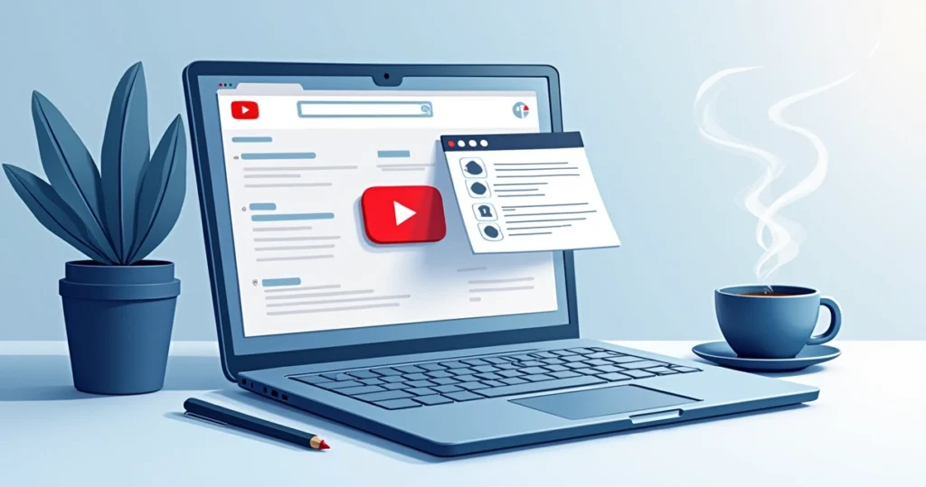 Ilustração de um laptop com página do YouTube e dicas de download ao lado, em fundo azul e cinza.