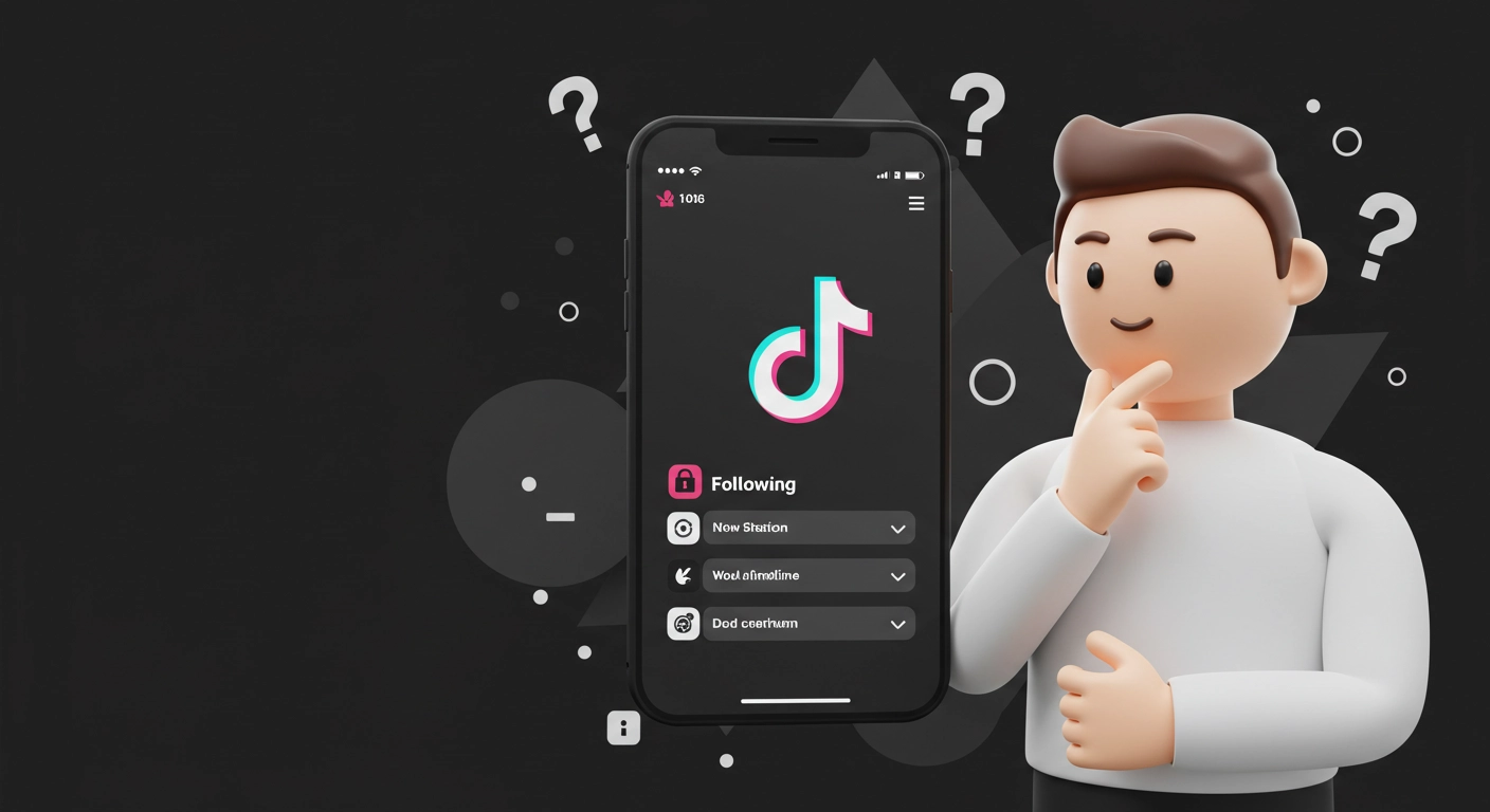 Personagem cartoon 3D curioso olhando celular com perfil privado do TikTok bloqueado por cadeado, ilustrando artigo sobre como ver quem conta privada segue.