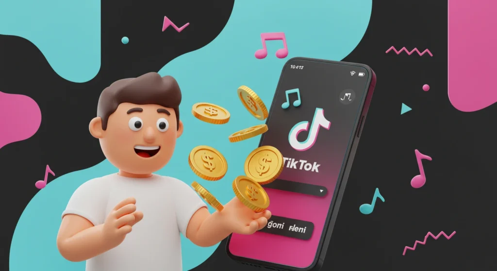 Personagem cartoon 3D vendo moedas saírem do celular com TikTok, ilustrando como ganhar dinheiro assistindo vídeos na plataforma em 2025.