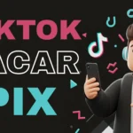 Personagem cartoon 3D feliz segura celular, ilustrando como sacar dinheiro do TikTok pelo Pix em 2025, com fundo geométrico e espaço para texto.