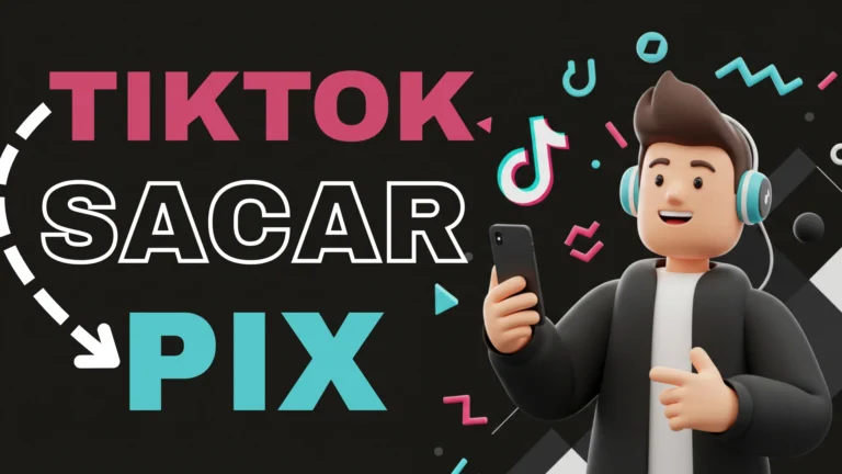 Personagem cartoon 3D feliz segura celular, ilustrando como sacar dinheiro do TikTok pelo Pix em 2025, com fundo geométrico e espaço para texto.