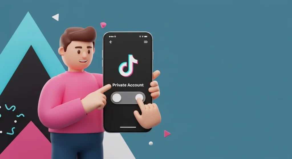 Personagem cartoon 3D ativando configuração de Conta Privada no TikTok pelo celular, ilustrando guia passo a passo.