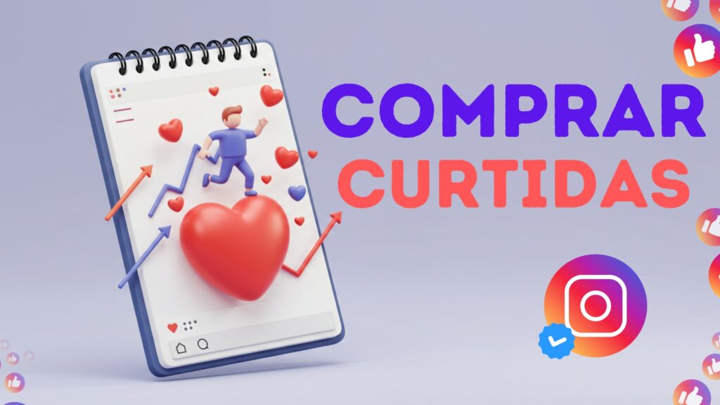 Ilustração 3D: Comprar Curtidas Instagram - Celular com corações, personagem e logo verificado
