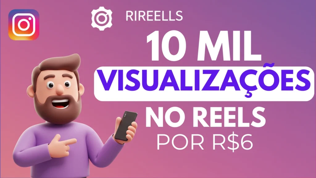 Personagem 3D convidando a comprar visualizações no Reels para Instagram, com ofertas barato