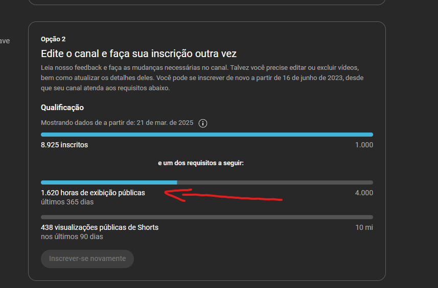 como saber quantas horas assistidas meu canal tem
